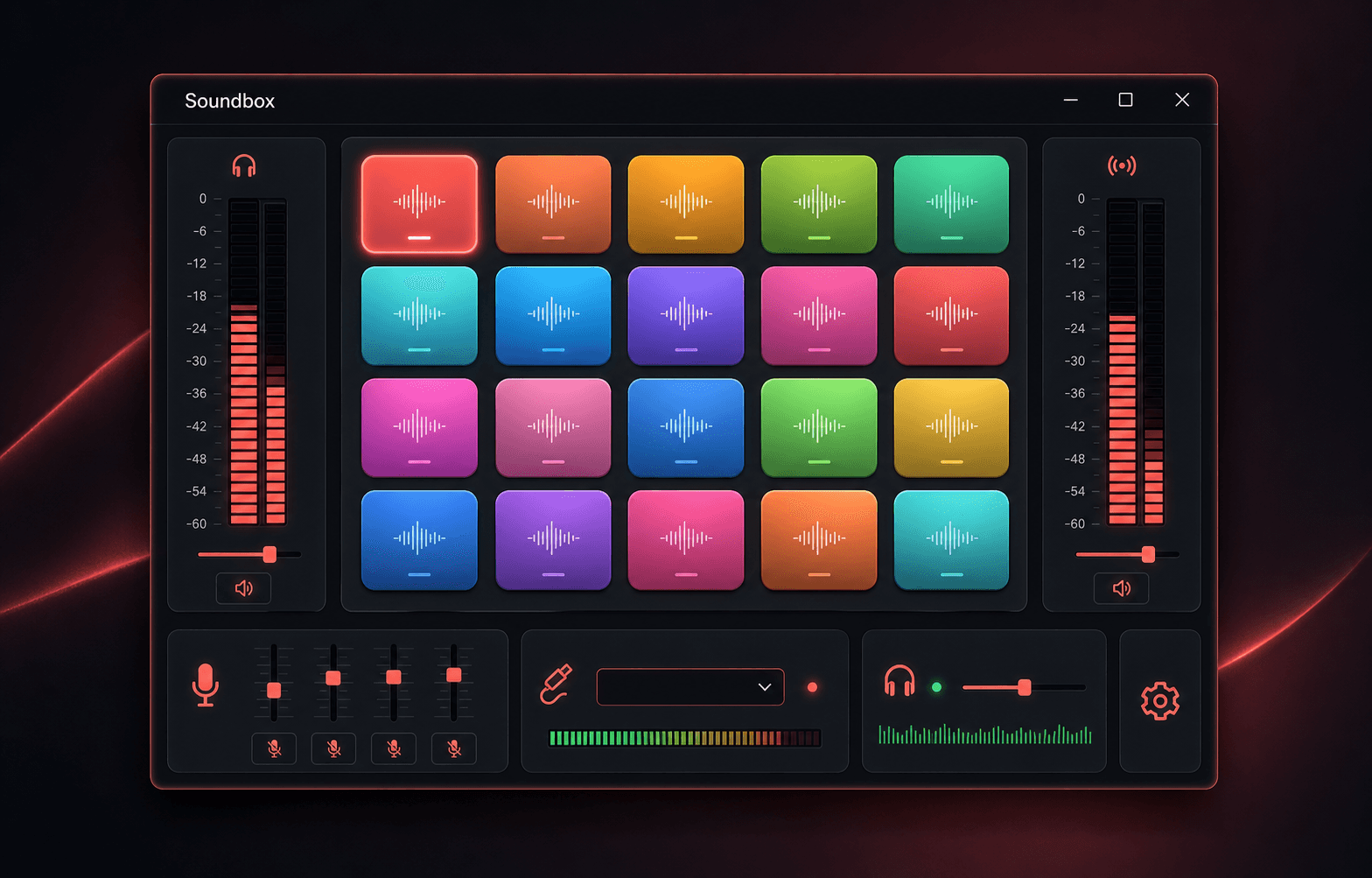 Capture d'interface de Soundbox avec une grille de pads audio, des niveaux micro et un monitoring casque.
